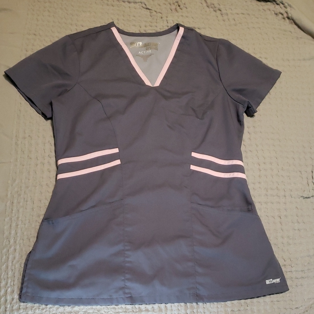 Grey's Anatomy Active Scrub Top Women’s Gray With Pink Stripes V-Neck Size XS